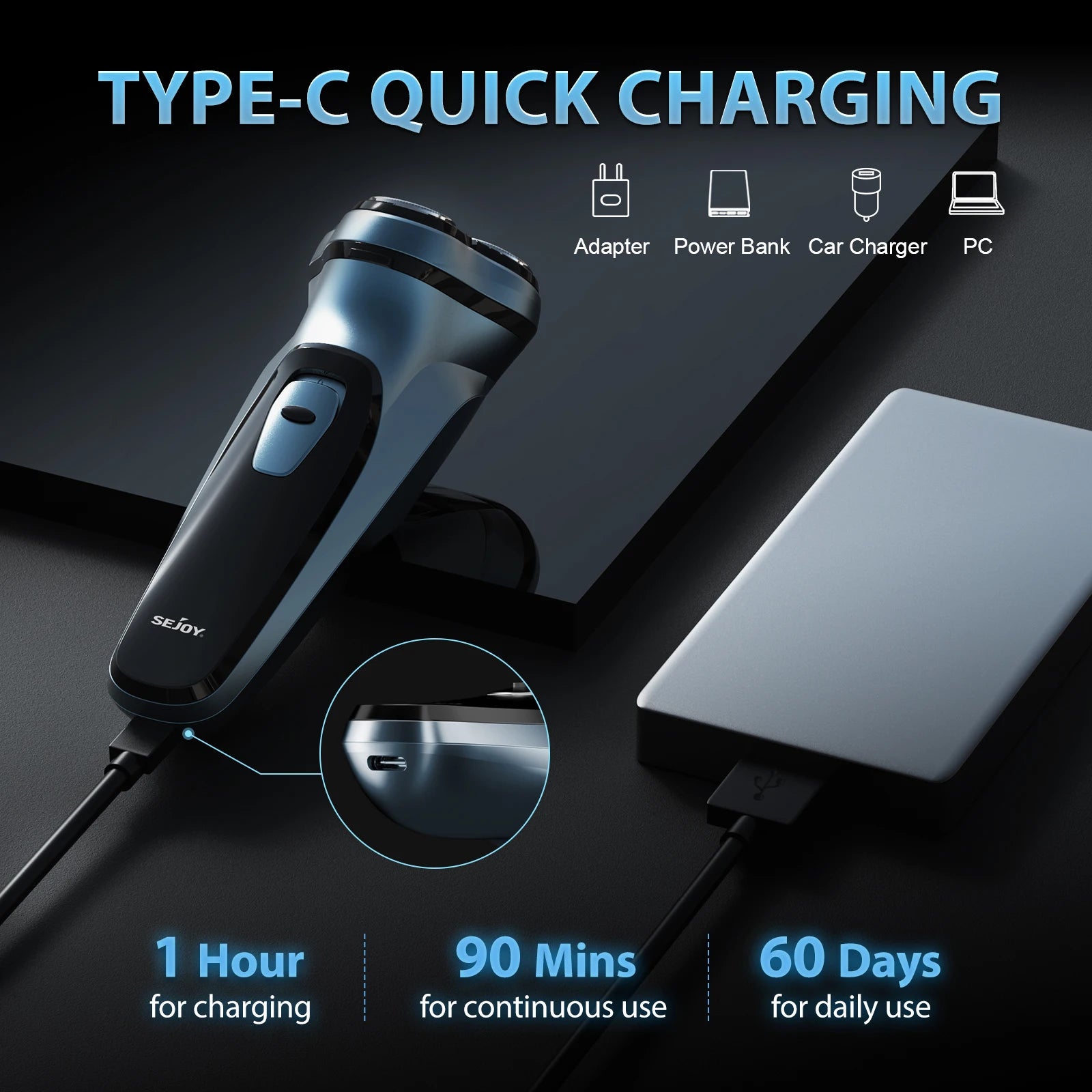 Sejoy 5W Electric Rotary Shavers for men 2 in 1 Razor Rechargeable Hair Trimmer 3D Floating Blade Washable Shaving Beard shaver